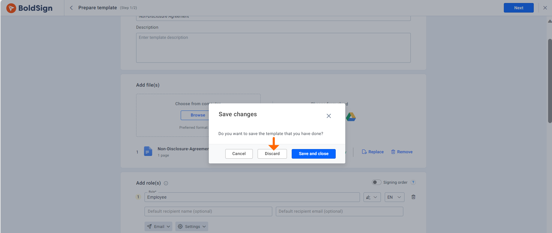 Discard option for edit template