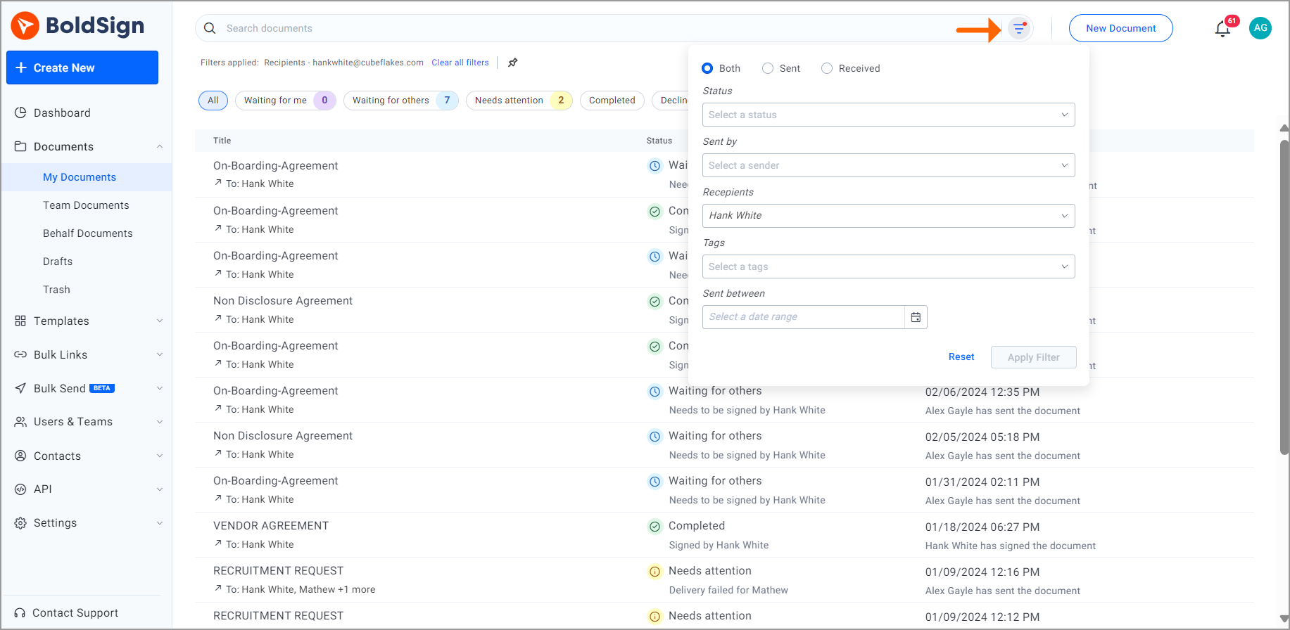 Search documents using filters
