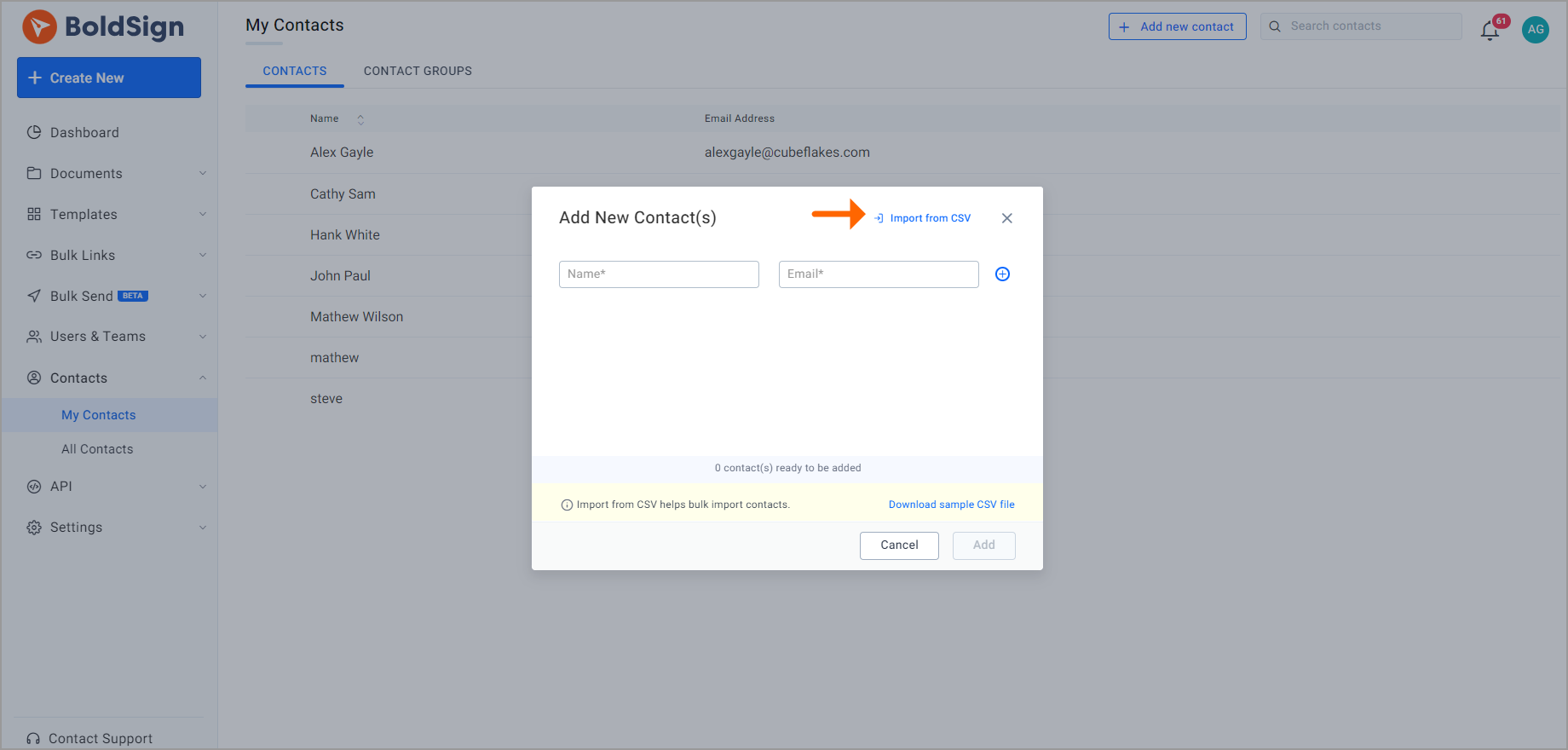 Import contact from the CSV file