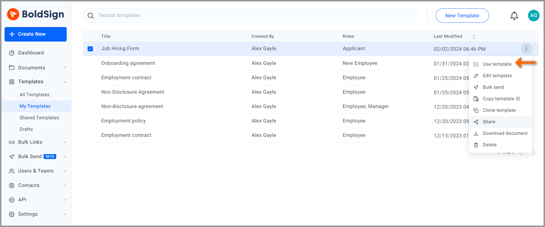 Use template option for Job Hiring