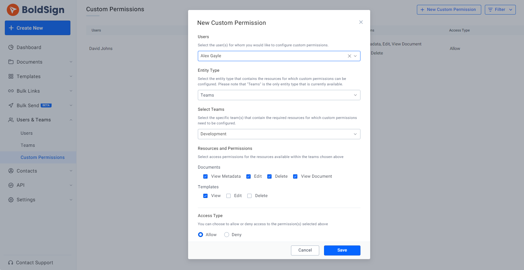 Custom permission option