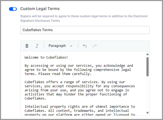 Option to add custom legal terms
