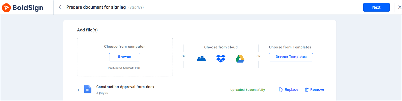 Upload document section