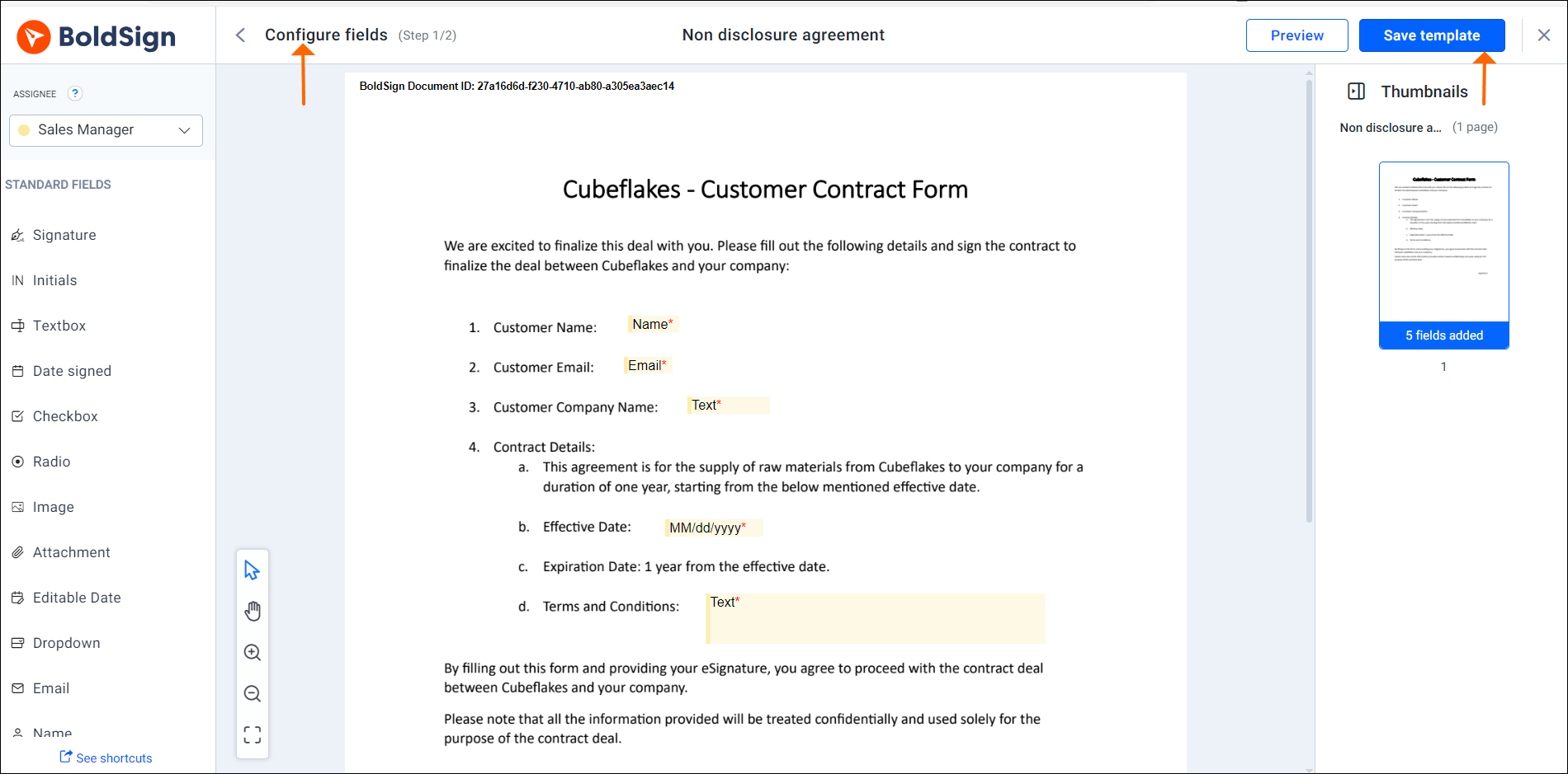 Configure fields page