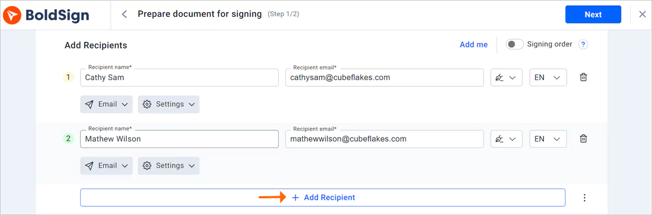 Add Recipient button