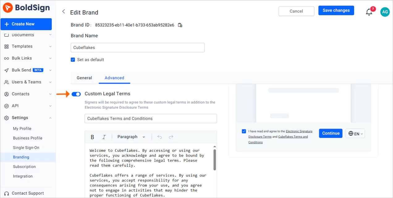 Custom legal terms option