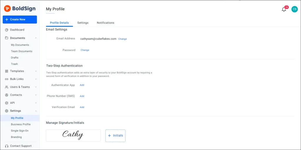 Settings under My Profile