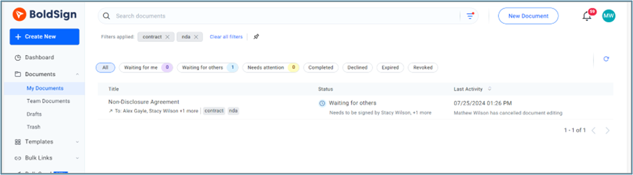 Document with recipient and tags