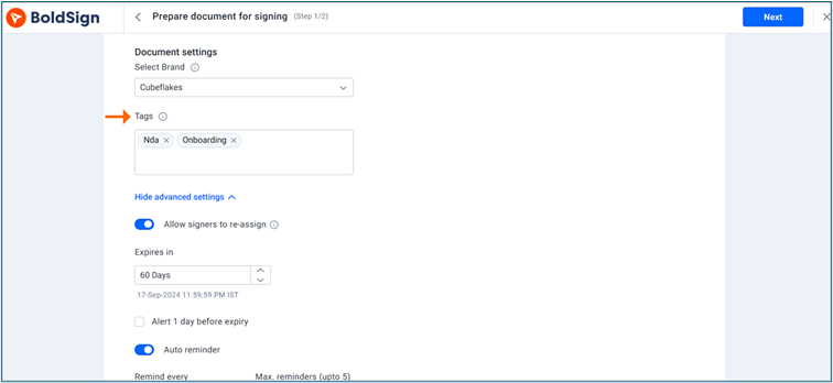 Tags section