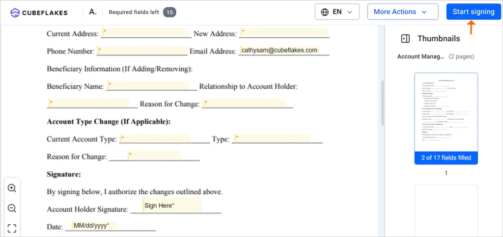 Signing page