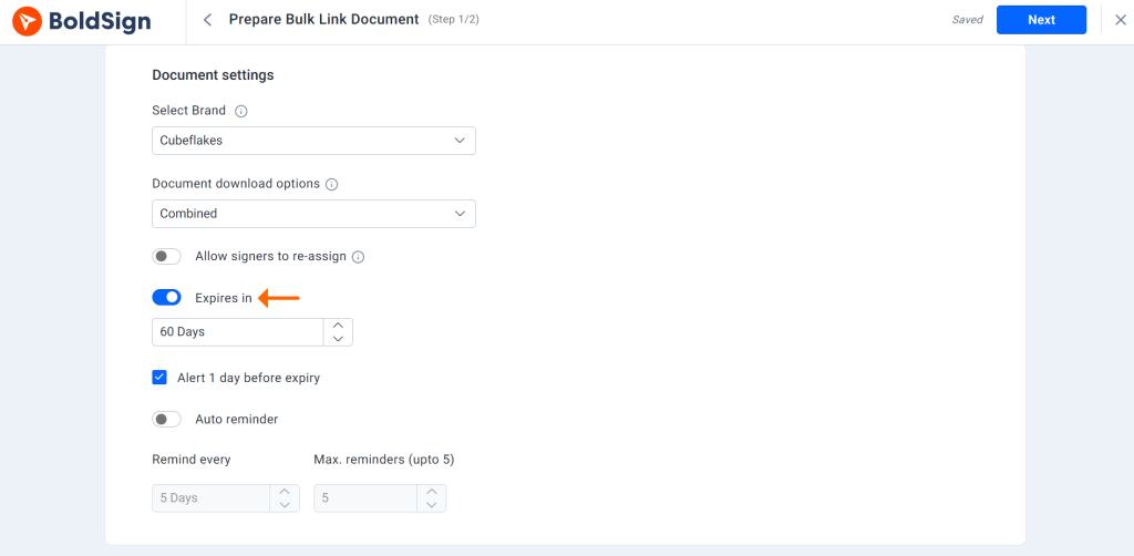 Bulk link document expiration settings