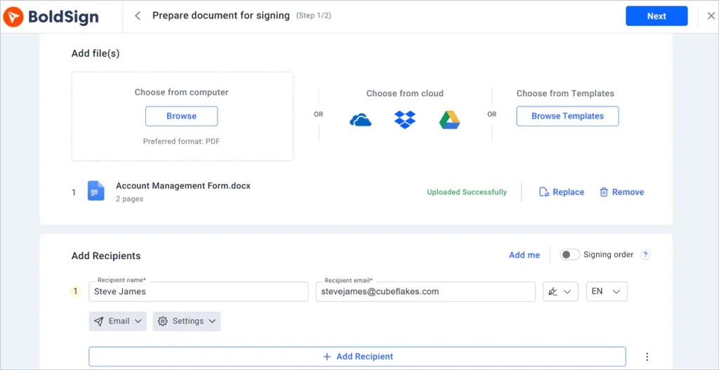 Prepare document for signing page
