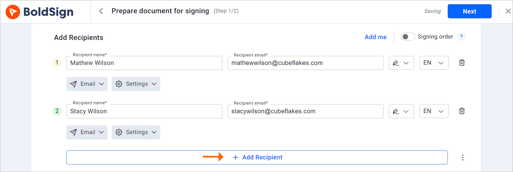 Add Recipients section
