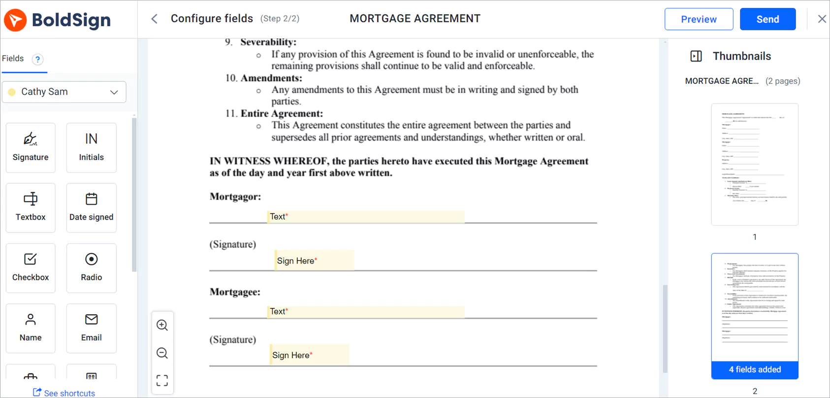 Configure fields page