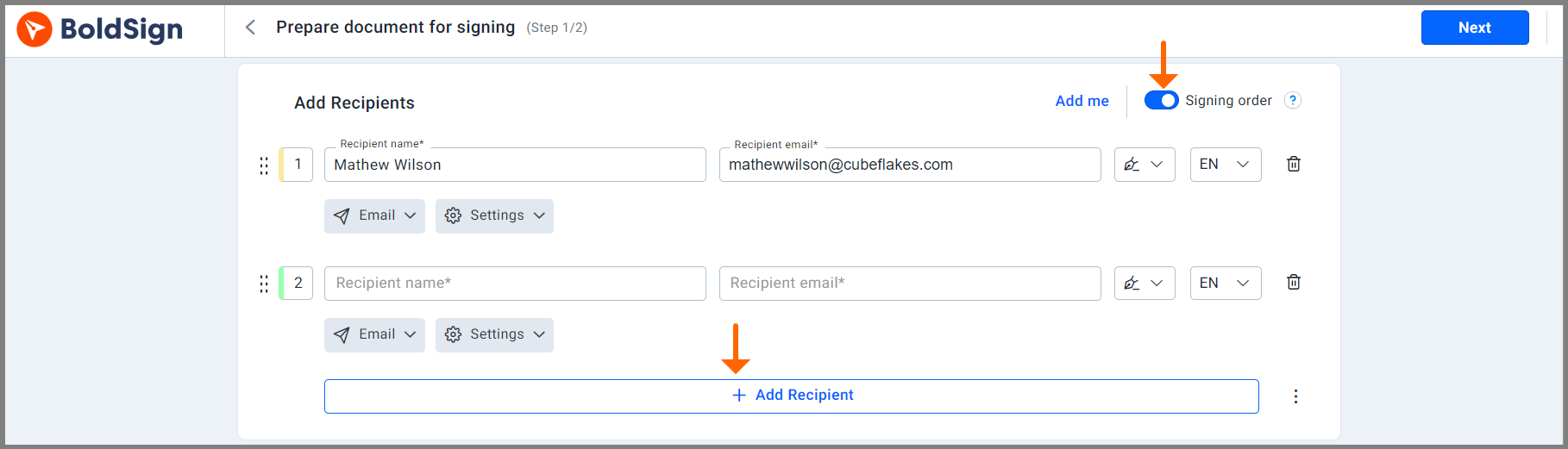 Add recipient’s section