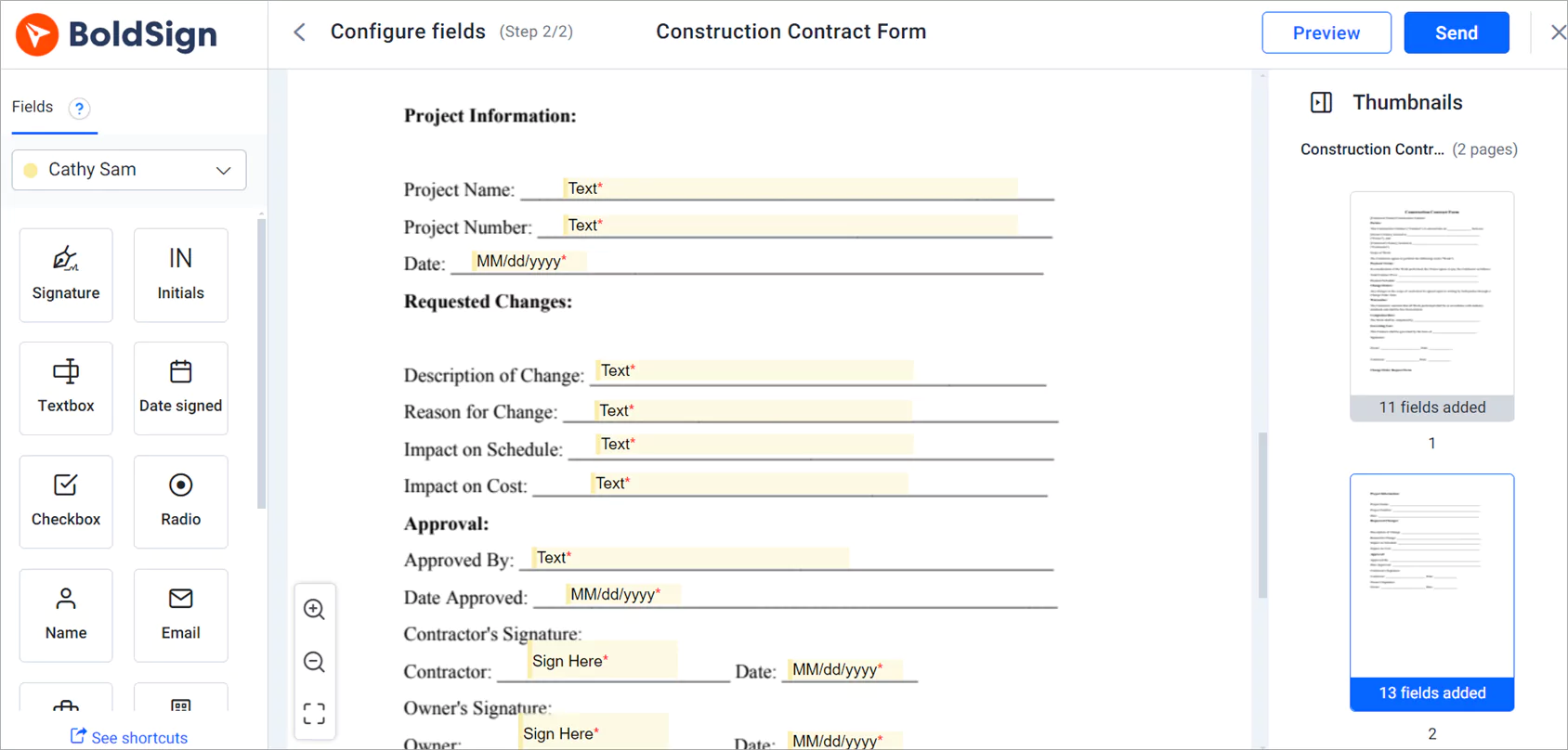 Configure fields page