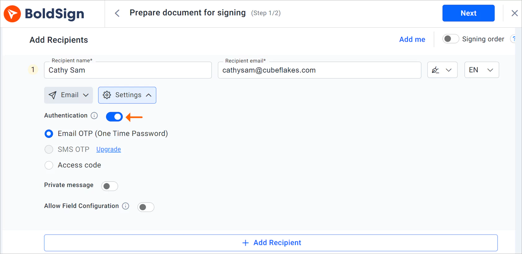 Signer authentication methods