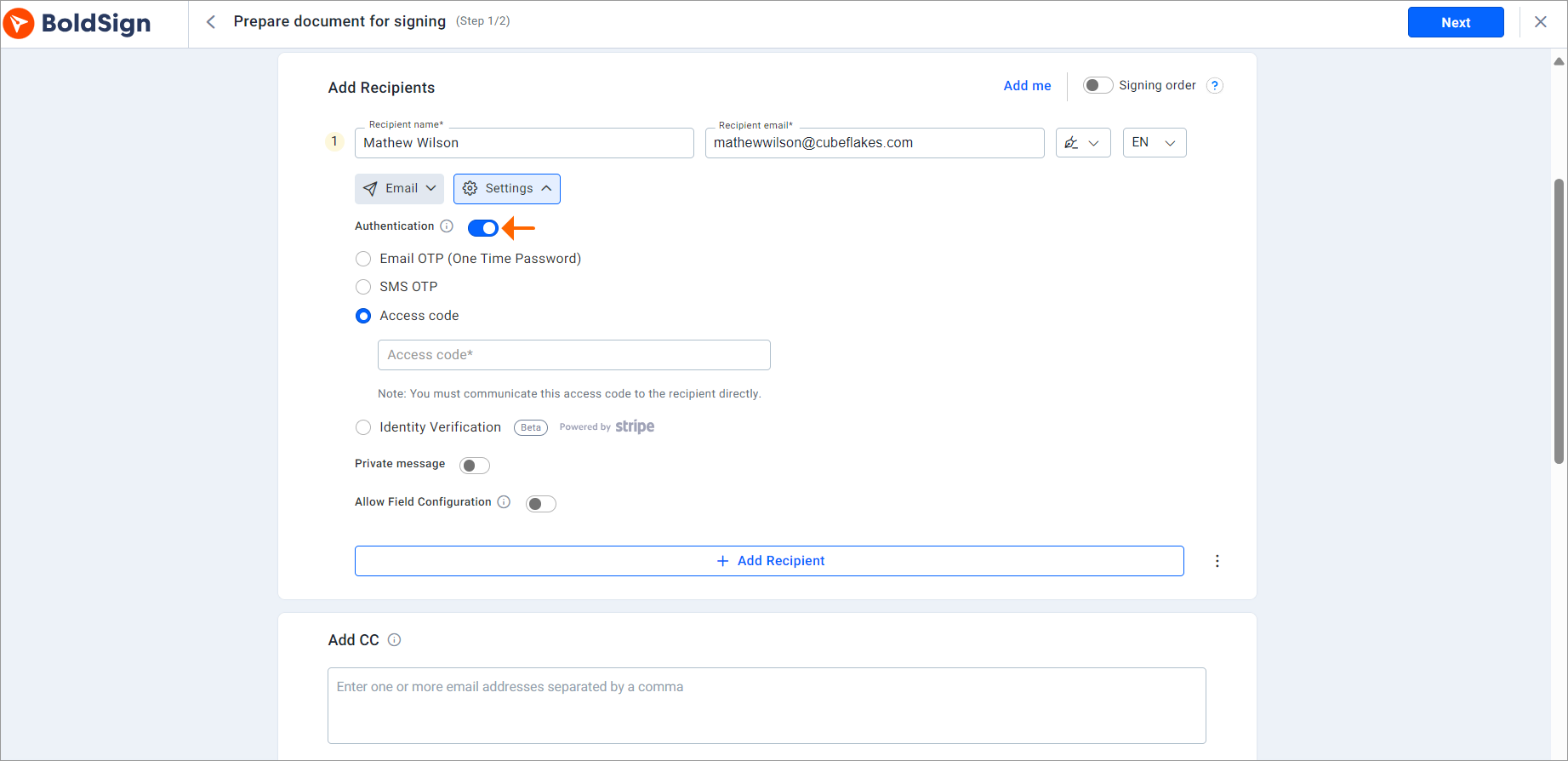 Enable authentication method