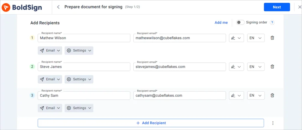 Add recipients option