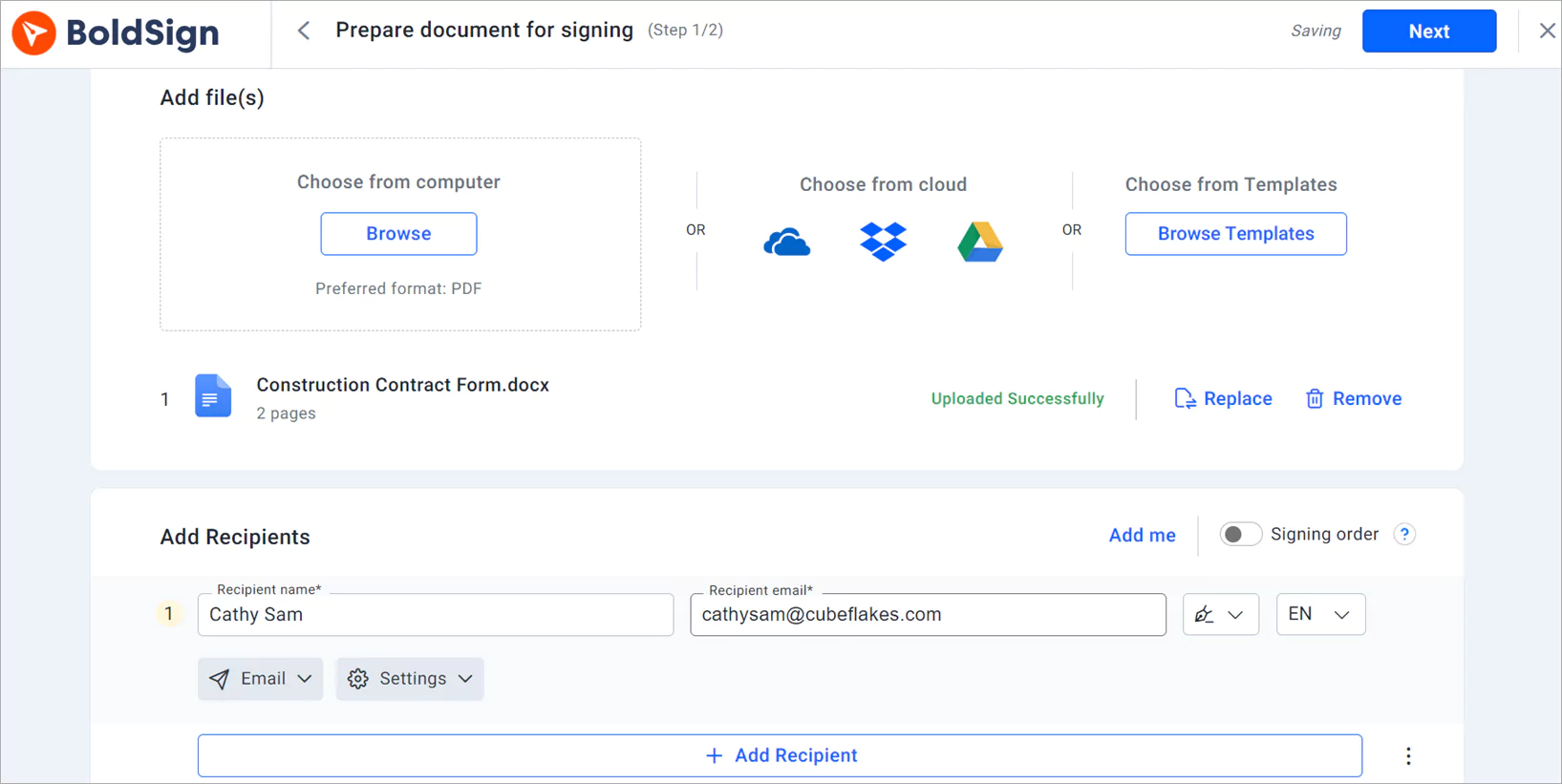 Prepare document for signing page