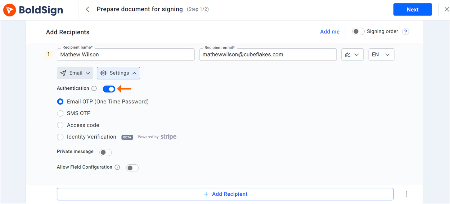 Signer authentication options
