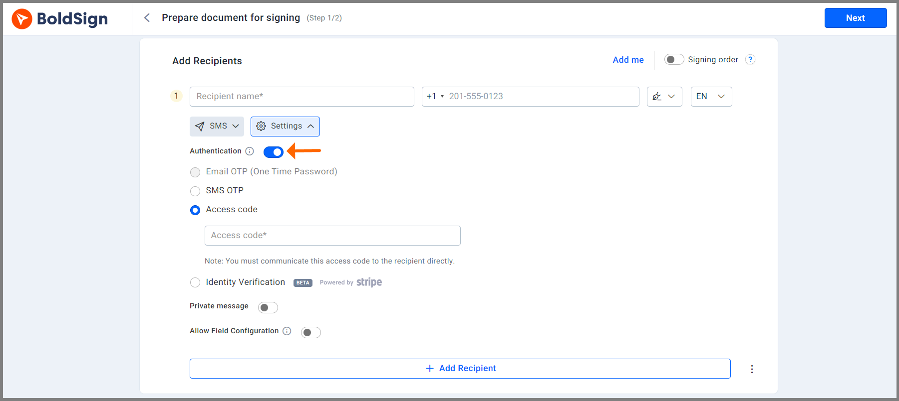 Signer authentication options