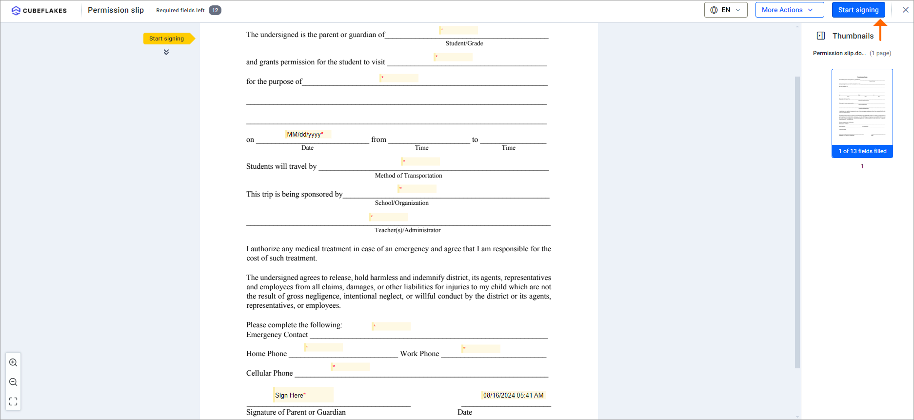Start signing