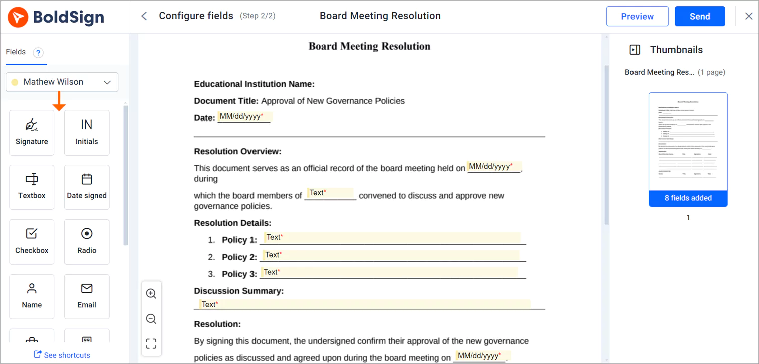 Configure fields page