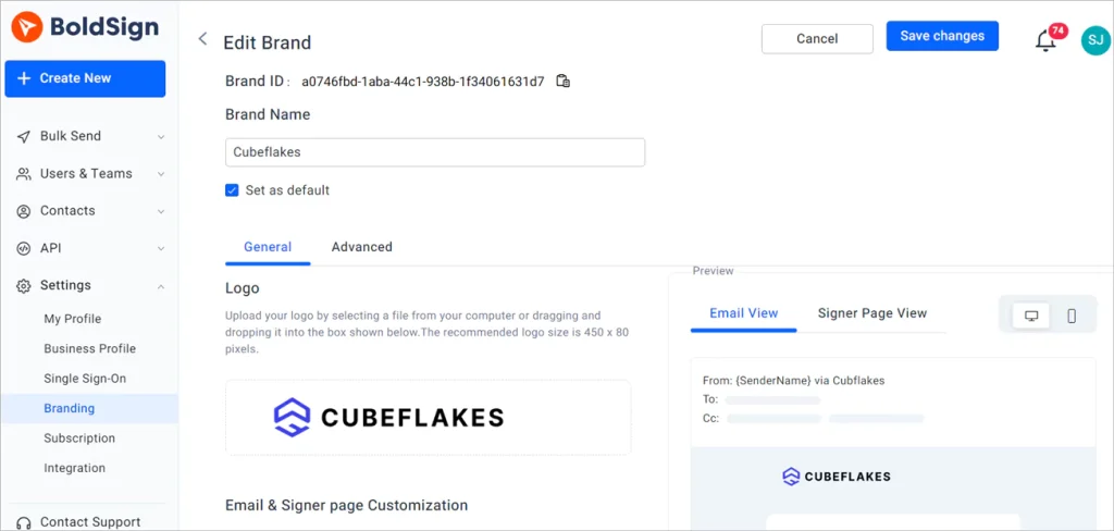 Branding page