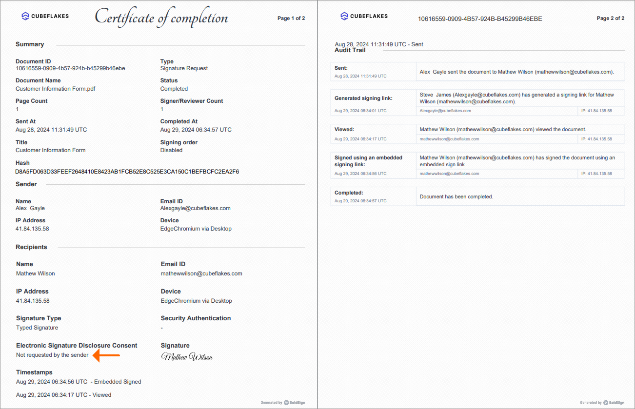 Audit Trail Consent Not Requested by Sender