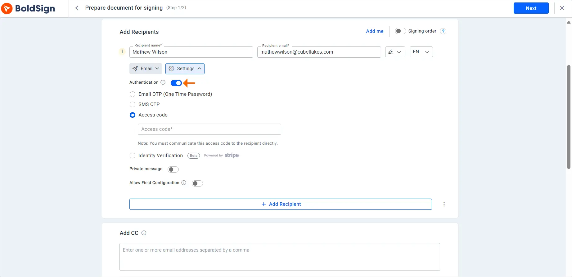 Enable authentication methods