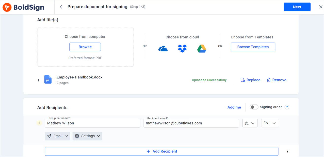 Prepare document for signing page