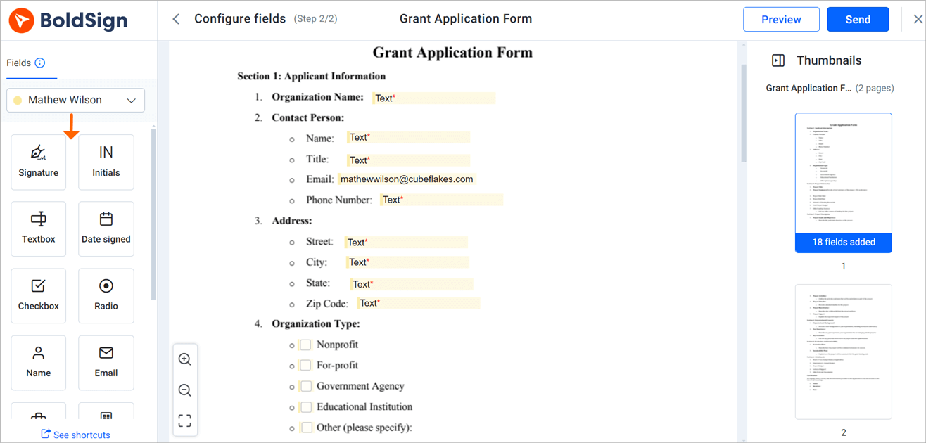 Configure fields page