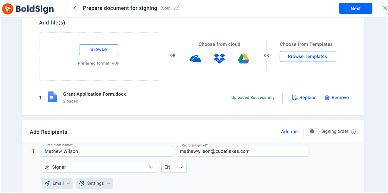 Prepare document for signing page