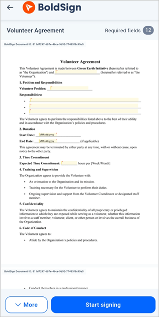 Mobile app signing page