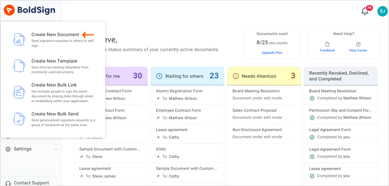 Create New Document option