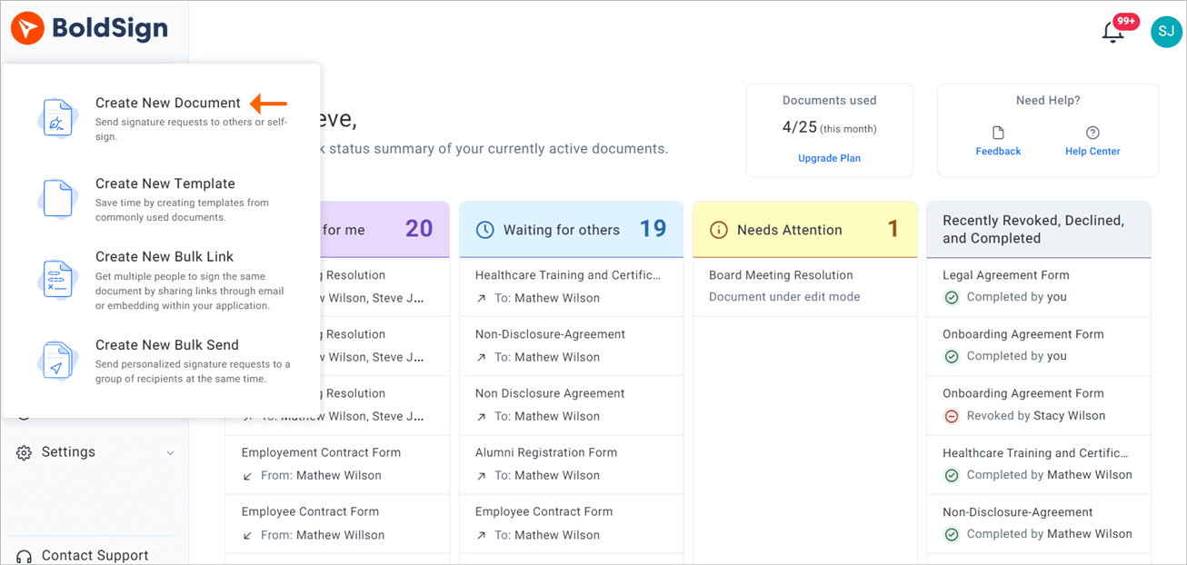 Create New Document option