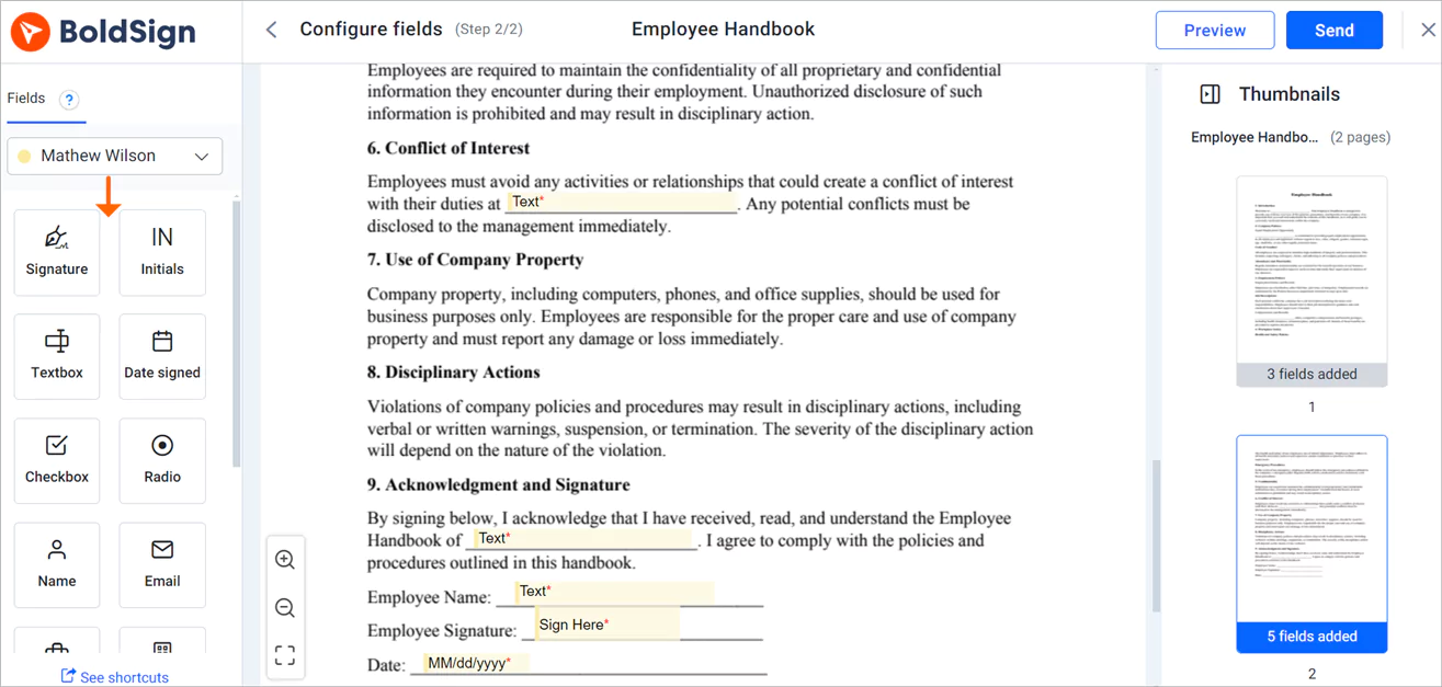 Configure fields page
