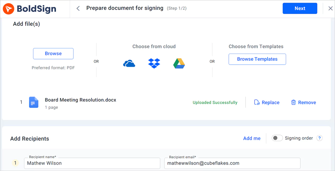 Prepare document for signing page