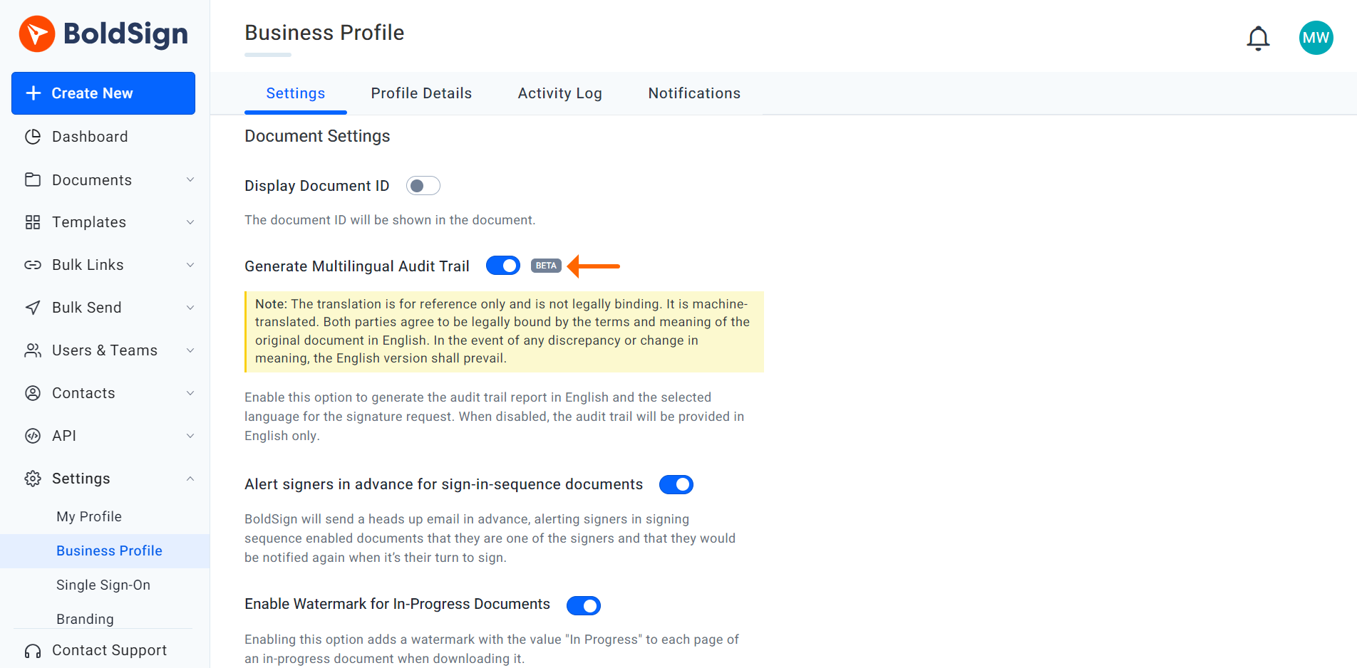 Generate multilingual audit trail option