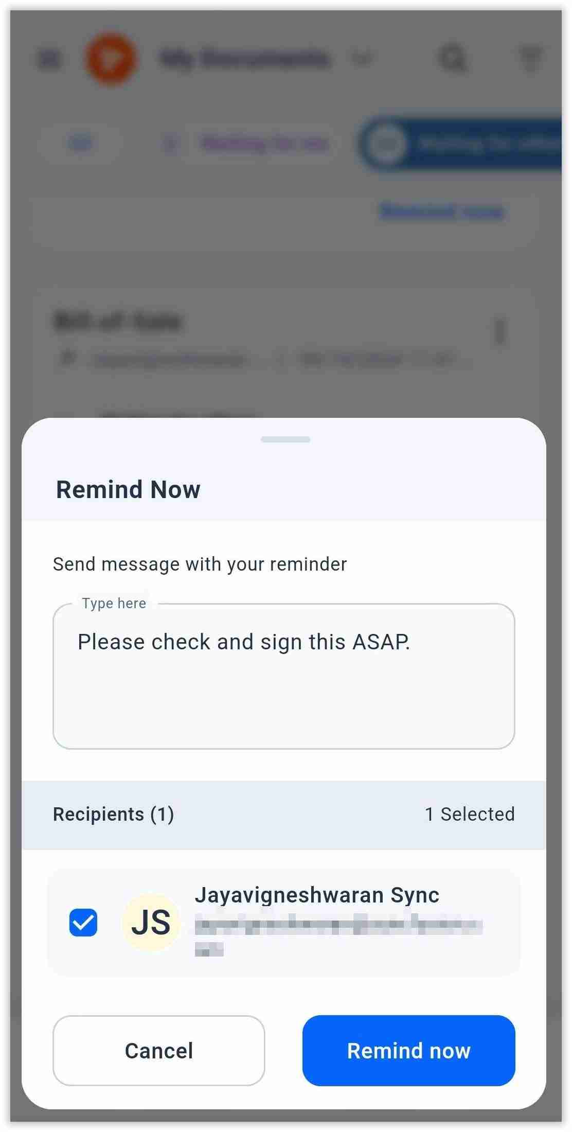 Sending manual reminder to signers