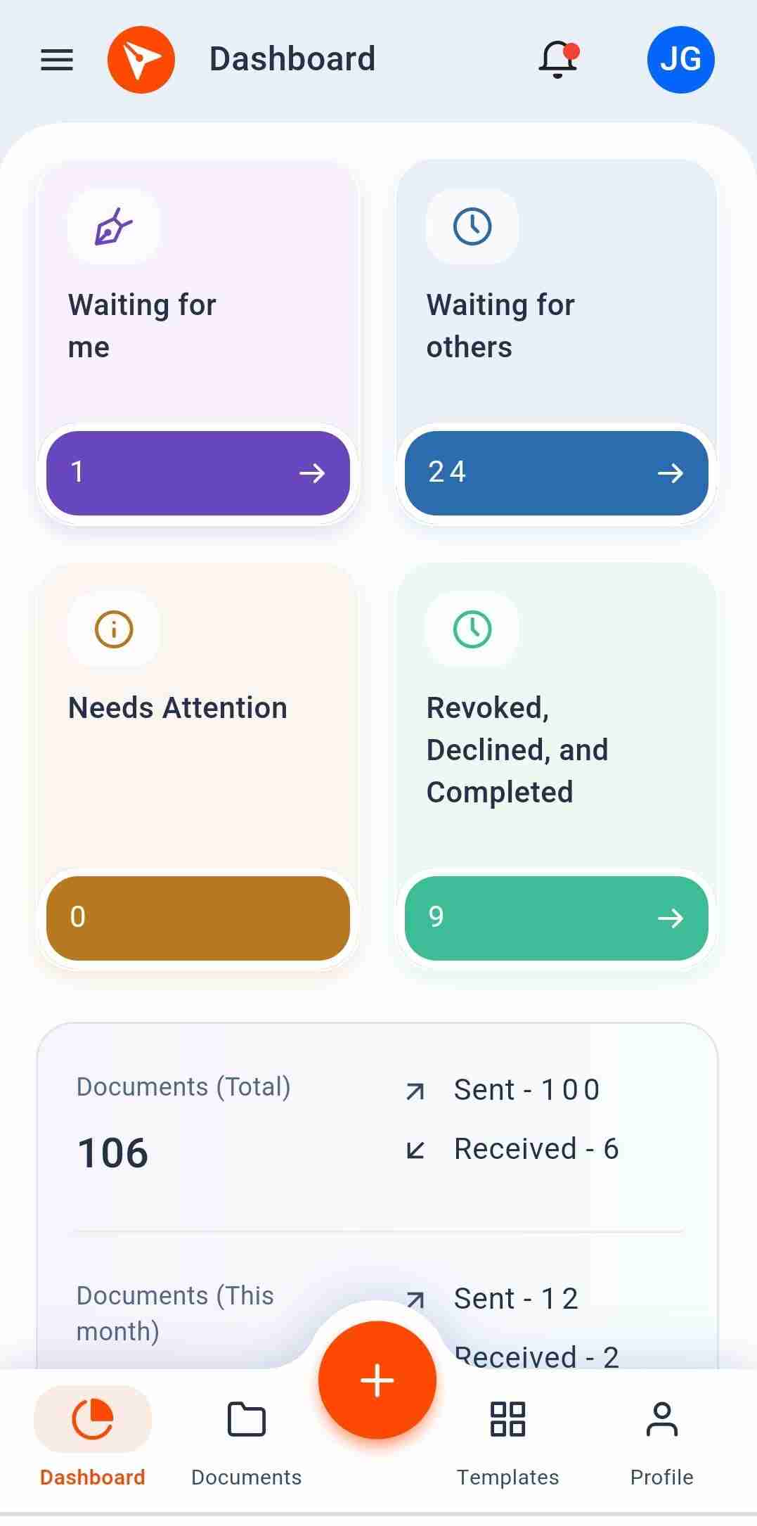 BoldSign mobile app dashboard screen
