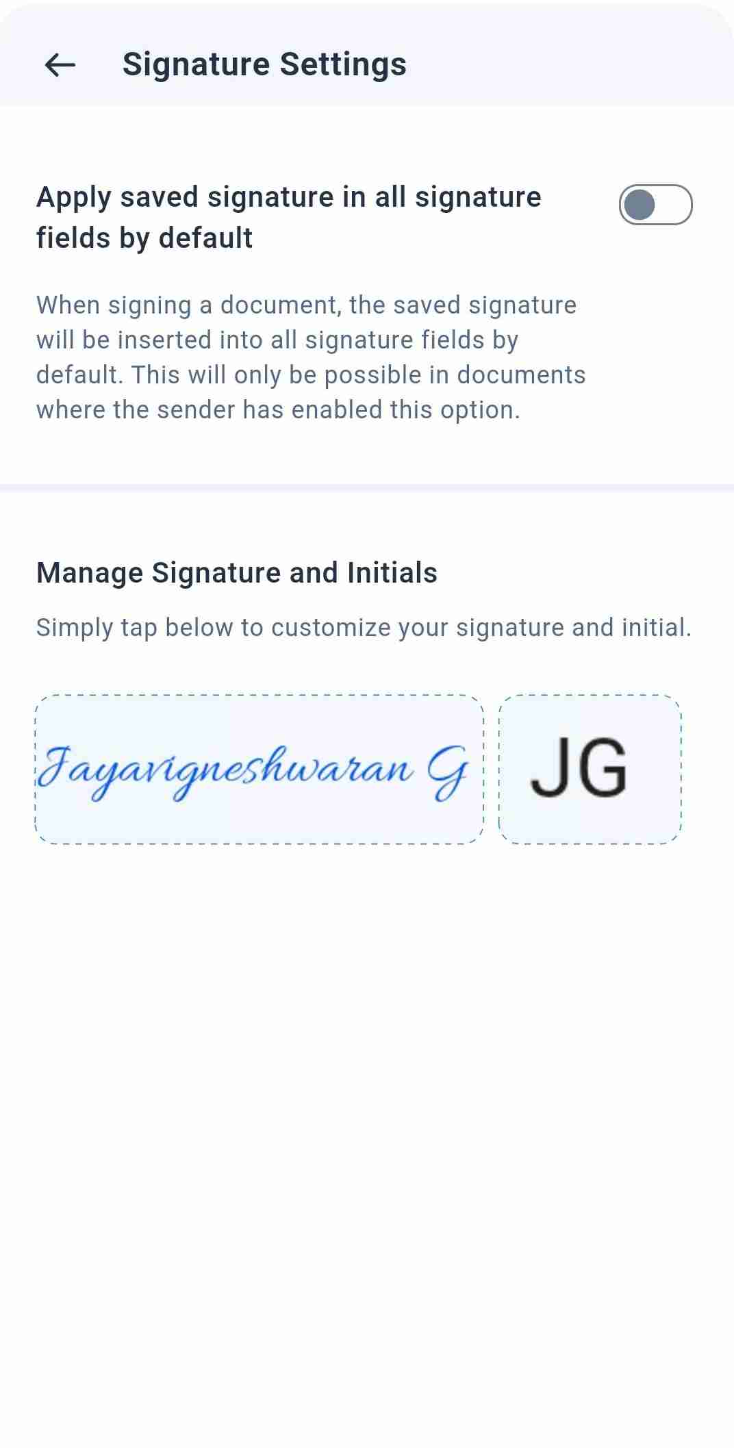 Default signature and initial