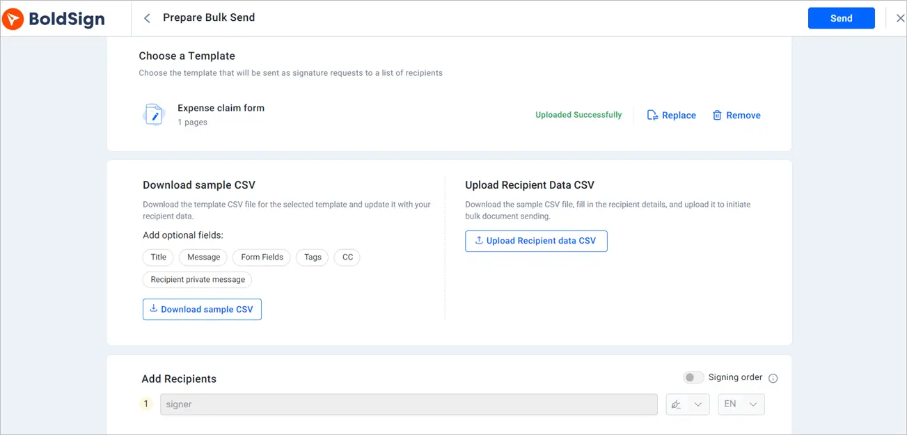 Prepare bulk send page