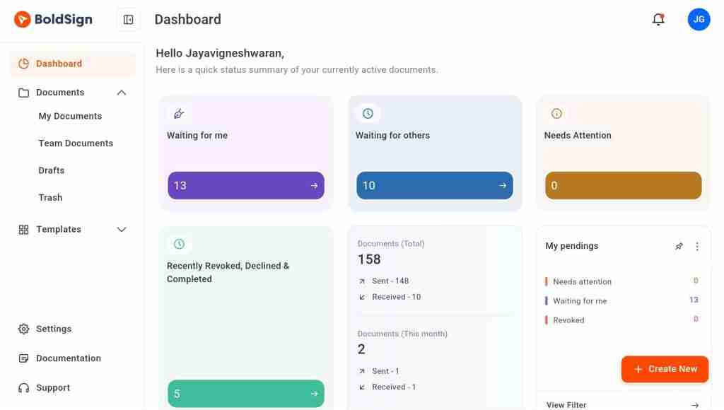 BoldSign® Dashboard on an Android Tablet in Landscape Mode