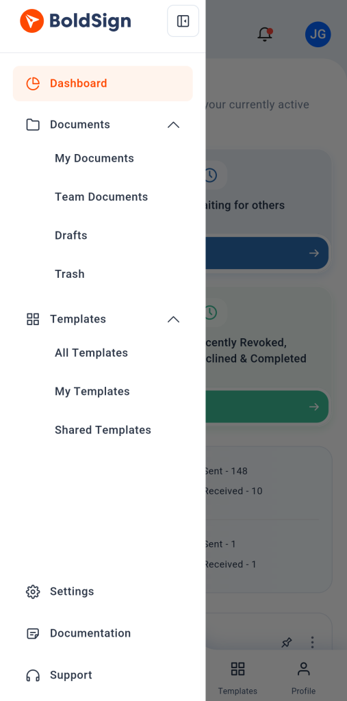 Dashboard with Navigation Drawer Open in Mobile View