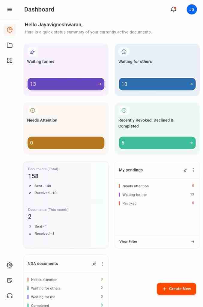 BoldSign® Dashboard on an Android Tablet in Portrait Mode