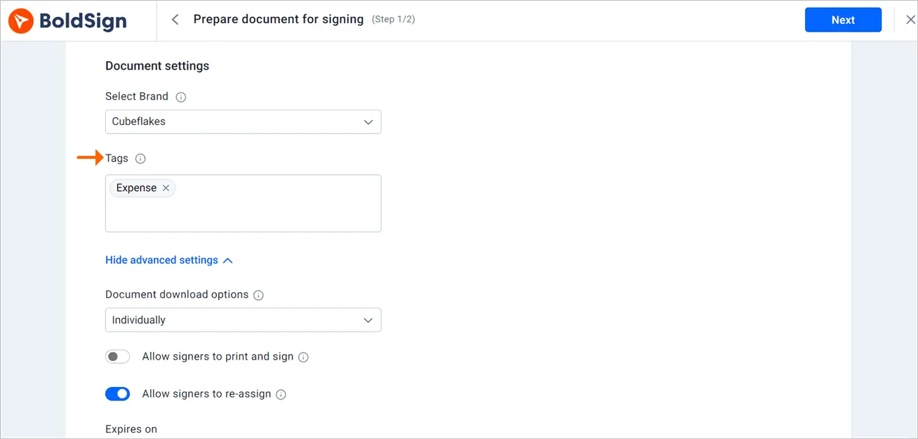 Tags option