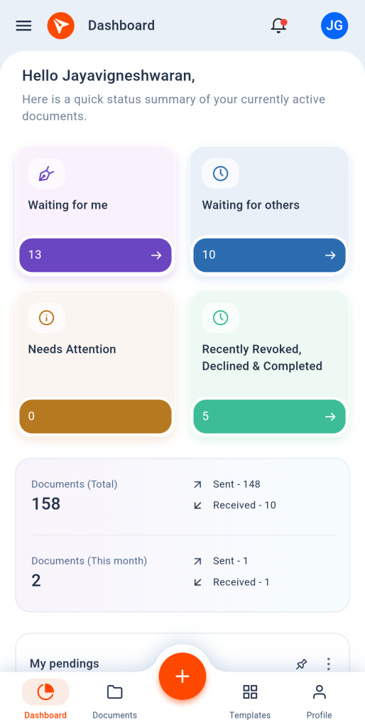 BoldSign® Dashboard on an Android Mobile Device