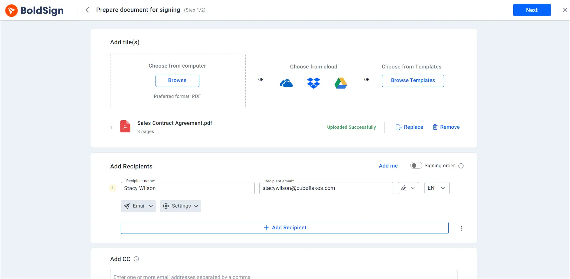 Prepare document for signing page